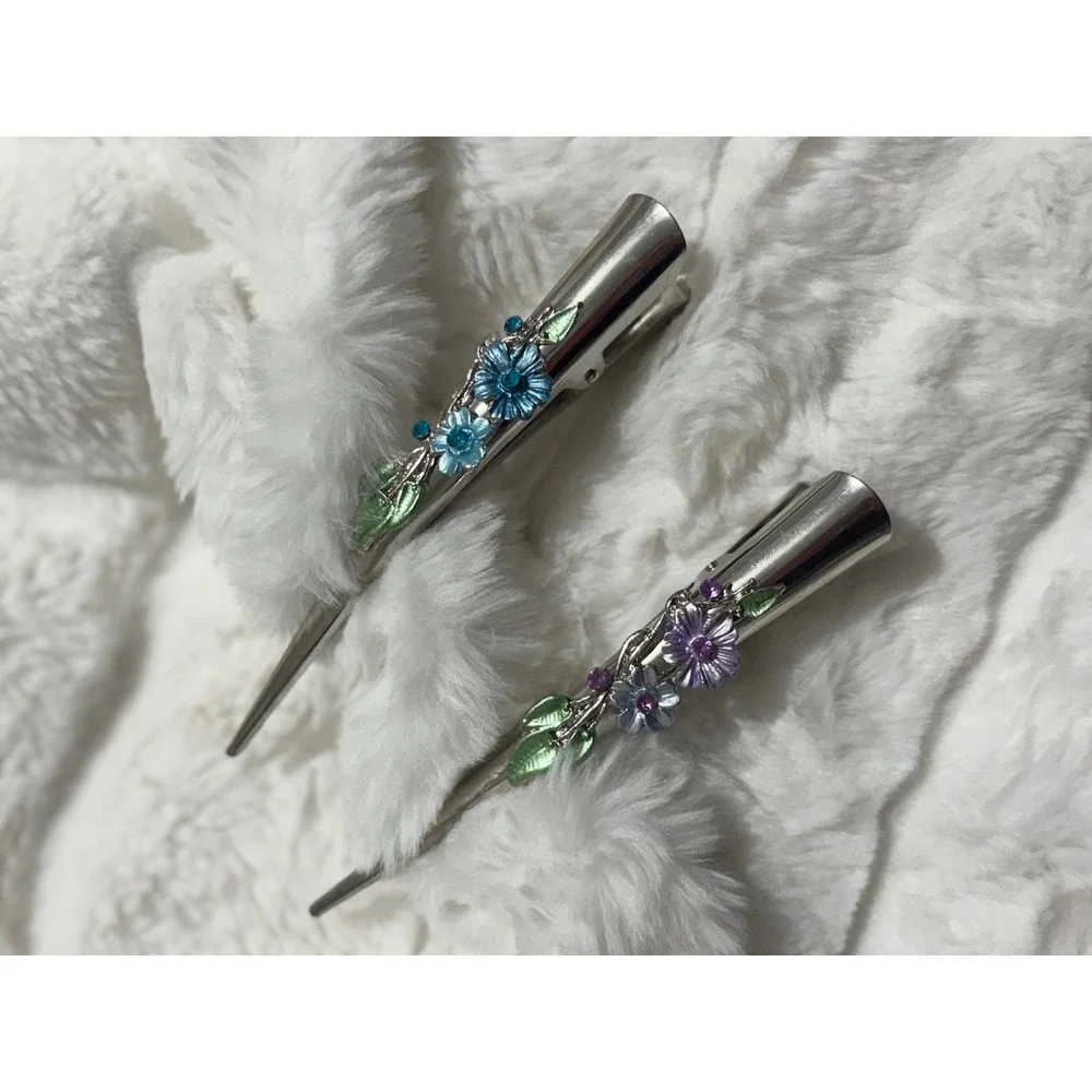 2 PC Set Floral Enamel‎ Alligator Hair Clips Rhinestone Blue Purple Silver Tone